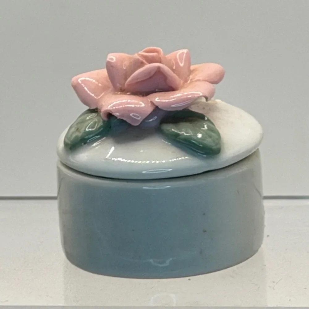 Vintage Porcelain Trinket Box Pink Rose Flower Lid Round Ceramic Jewelry Case